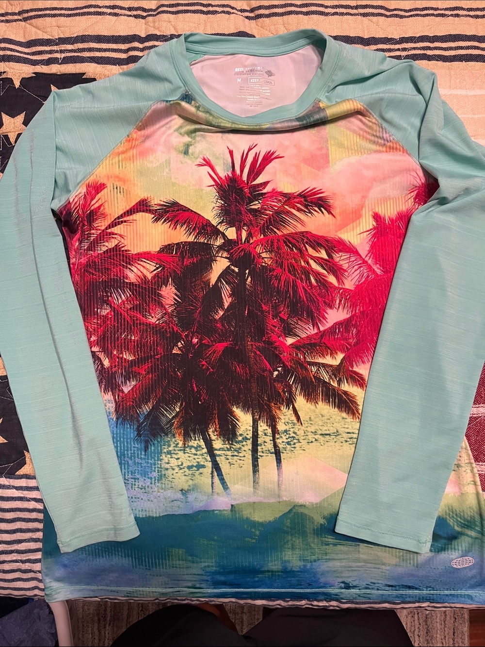 Reel Legends Teal Long-Sleeve Swim Top with Pink Palm Print